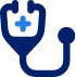 Light and dark blue icon of a stethoscope and a medical symbol, symbolizing medical, dental, and vision benefits